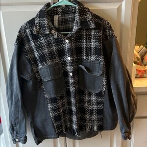 Black & White Plaid Mixed-Media Denim Jacket